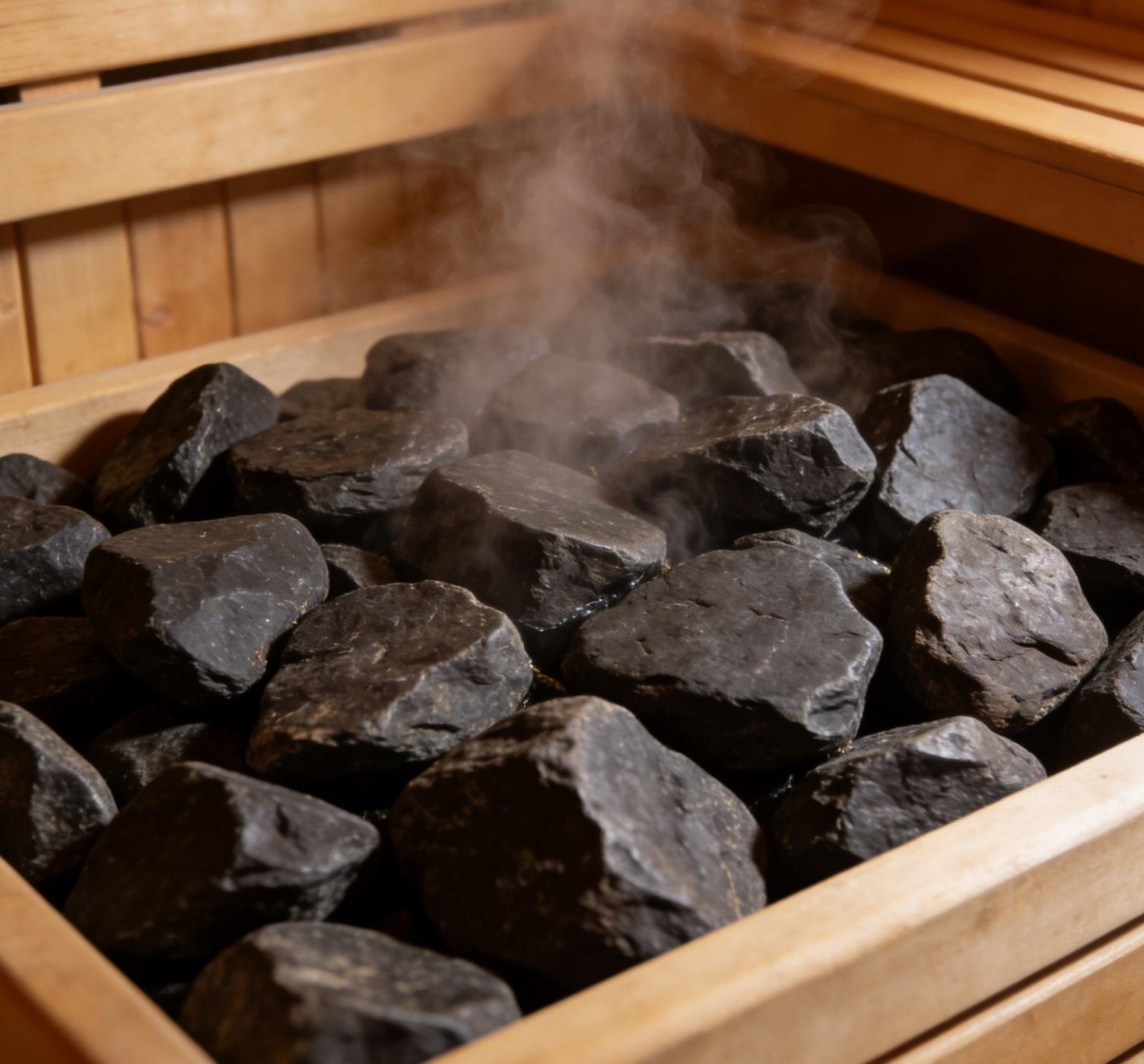 What kind of material do the sauna stones in a sauna room use?