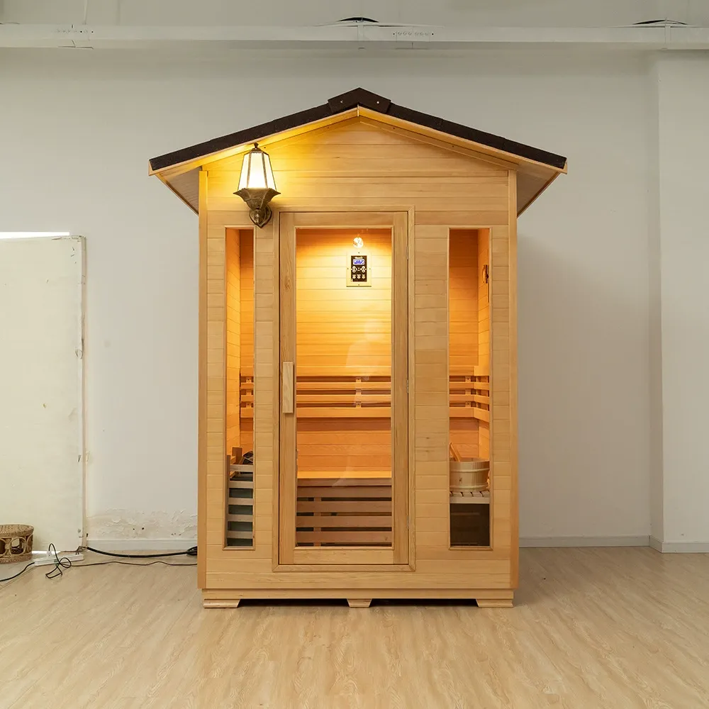 Outdoor Ironwood Sauna Room with Wall Lamp and Glass Door